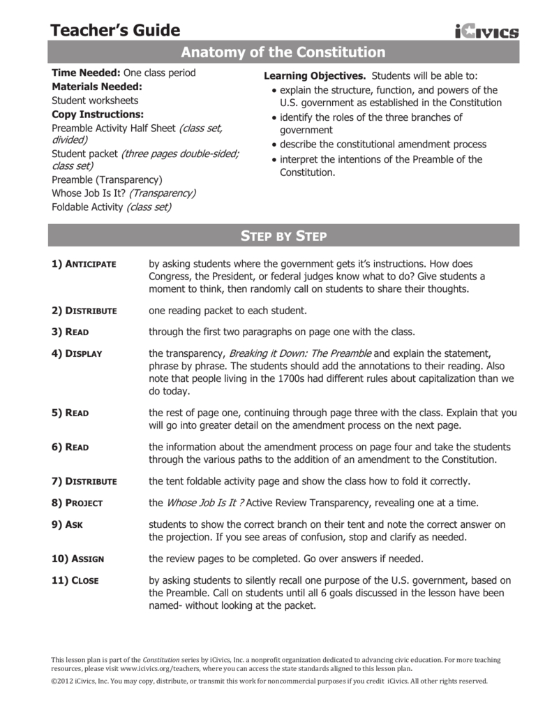 Anatomy Of The Constitution With Regard To Anatomy Of The Constitution Worksheet