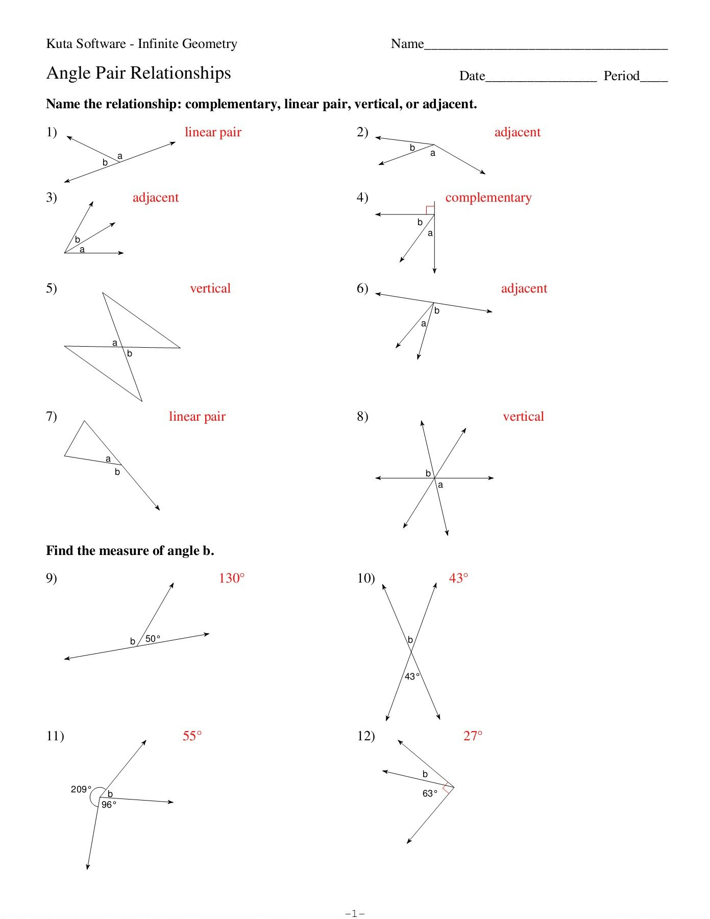 Angle Relationships  Kuta Software Llc Pages 1  4  Text Version Inside Angle Pair Relationships Worksheet Answers