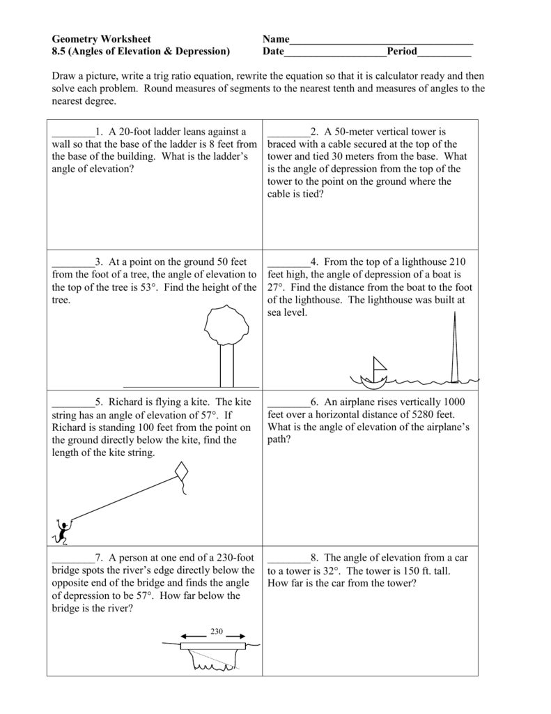Angles Of Elevation  Depression Together With Angle Of Elevation And Depression Trig Worksheet