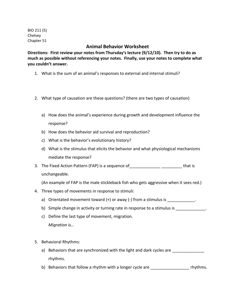 Animal Behavior Worksheet Throughout Animal Behavior Worksheet