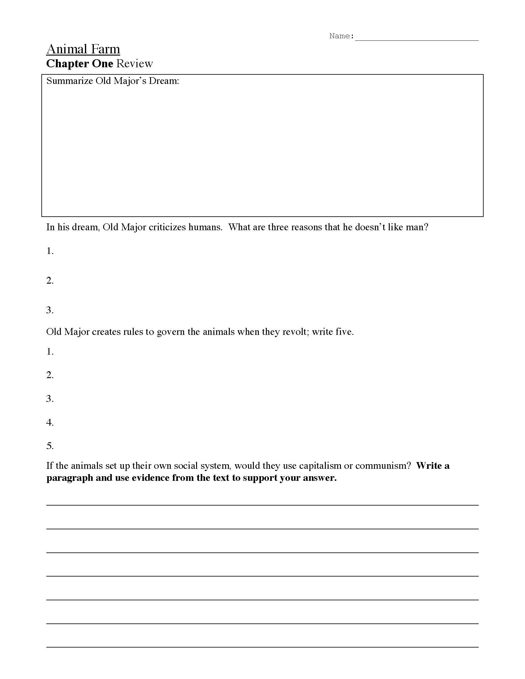 Animal Farm Chapter 1 Review Questions  Preview With Animal Farm Worksheets
