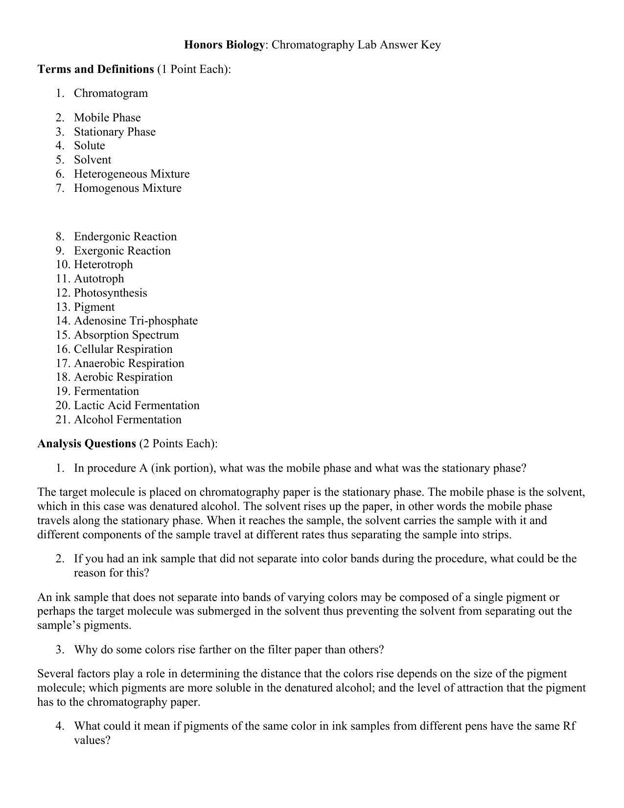 Answer Key For Chromatography Lab Together With Leaf Chromatography Lab Worksheet