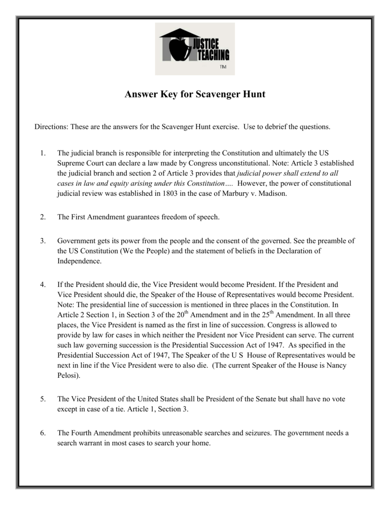 Answer Key For The Us Constitution Scavenger Hunt With Constitution Scavenger Hunt Worksheet Answer Key