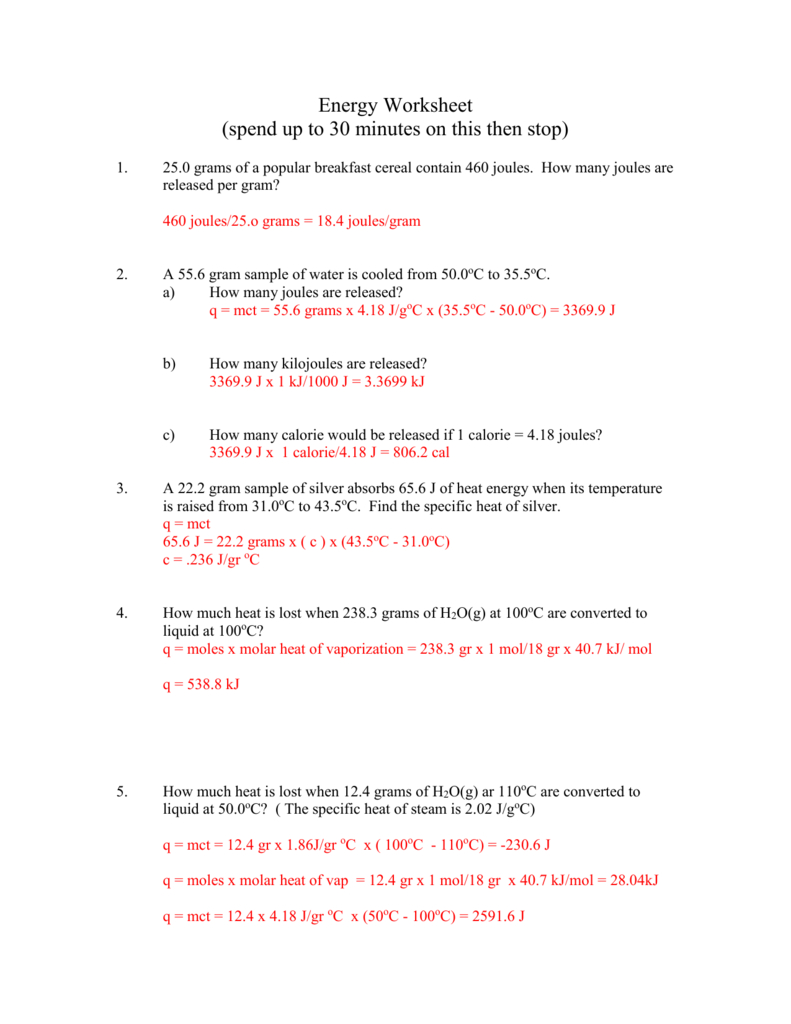 Answer Key For Worksheet As Well As Specific Heat Problems Worksheet Answers