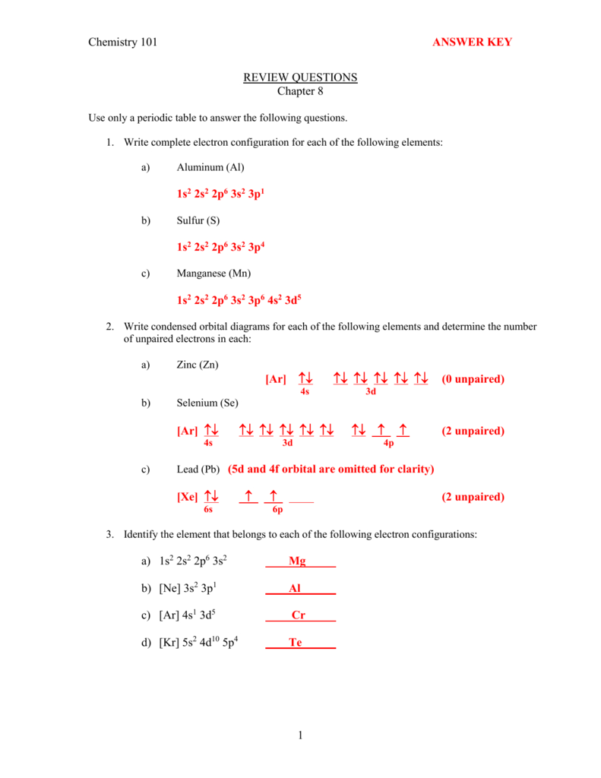 Writing Electron Configuration Worksheet Answers ...