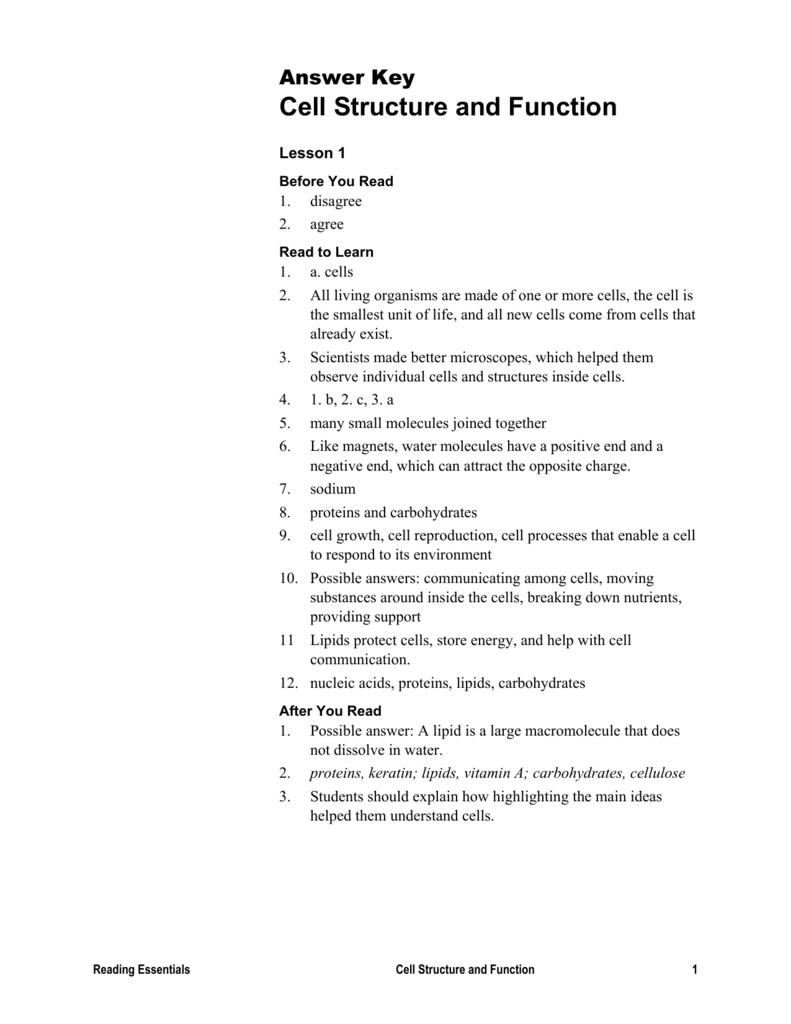 Answer Key Reading Essentials C2 Cell Structure And Function Intended For 7 2 Cell Structure Worksheet Answers