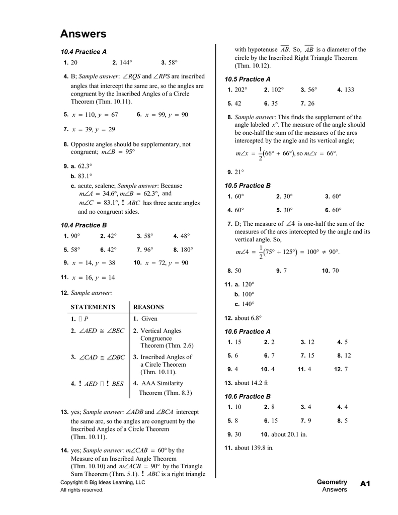 Answers Answers And 9 4 Practice Worksheet Inscribed Angles