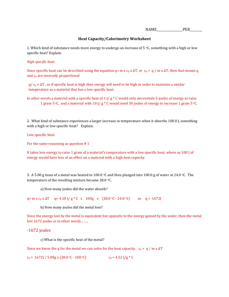 Answers As Well As Specific Heat Problems Worksheet Answers