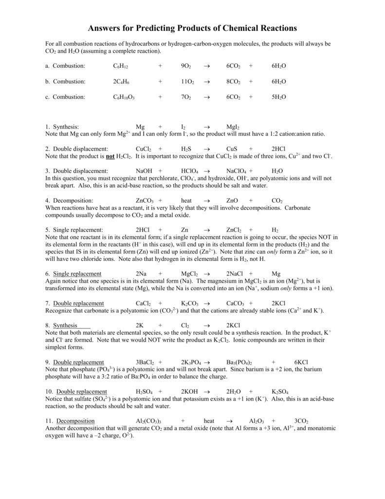 Answers For Predicting Products Of Chemical Reactions Intended For Predicting Products Of Reactions Chem Worksheet 10 4 Answer Key