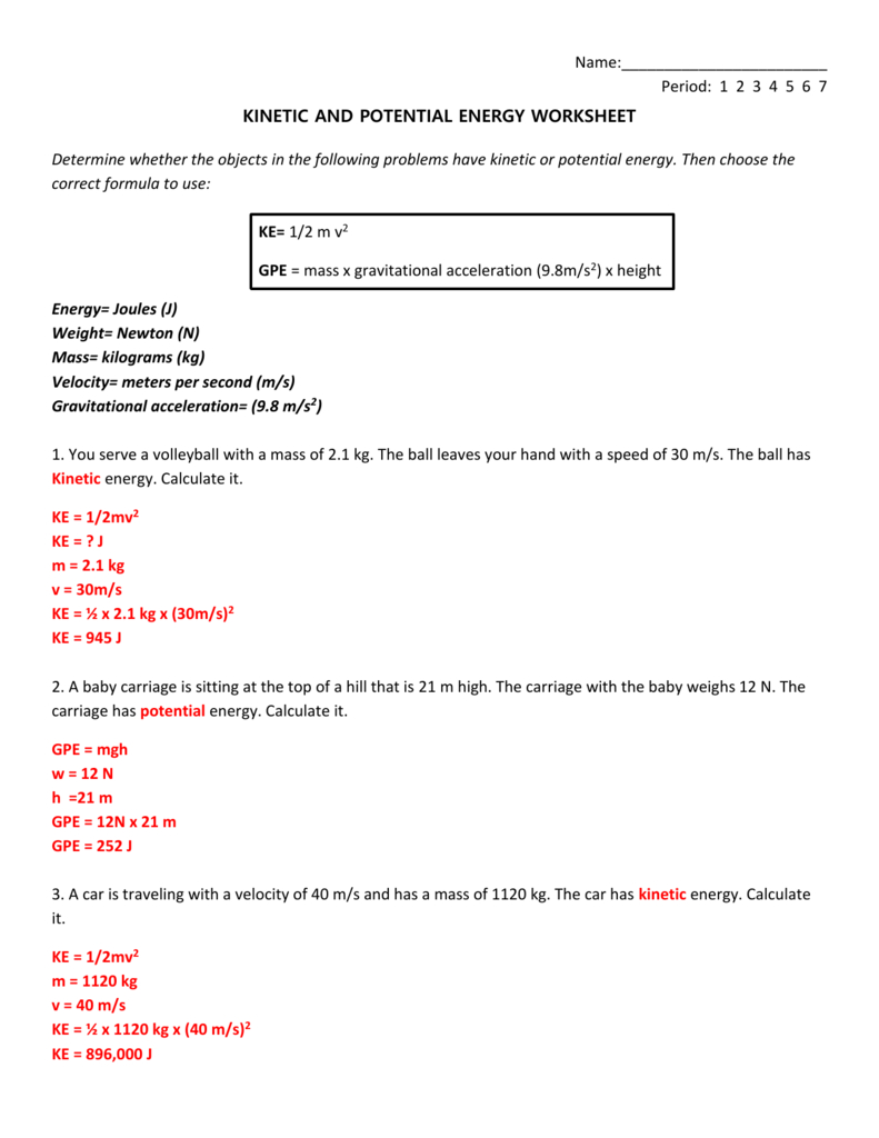 Answers Intended For Kinetic And Potential Energy Problems Worksheet Answers