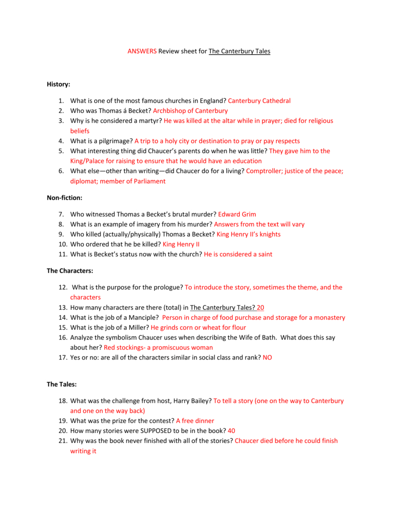 Answers Review Sheet For The Canterbury Tales History What Is Along With Canterbury Tales Prologue Worksheet Answers