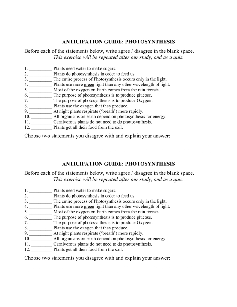 Anticipation Guide Photosynthesis And Anticipation Guide Worksheet Answers