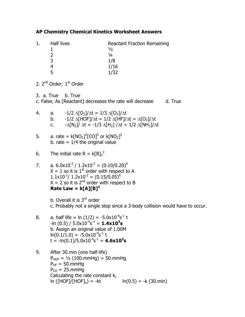 Ap Chemistry Chemical Kinetics Worksheet Answers 1 Half Lives Within Ap Chemistry Worksheets With Answers