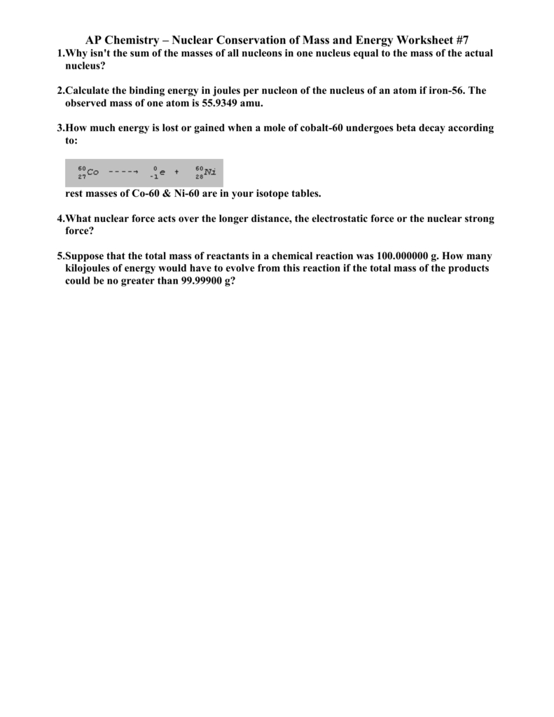 Ap Chemistry  Conservation Of Mass And Energy Worksheet With Conservation Of Mass Worksheet