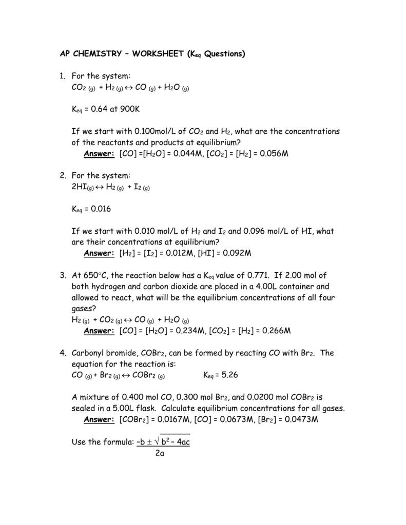 Ap Chemistry – Worksheet Keq Questions For Ap Chemistry Worksheets With Answers