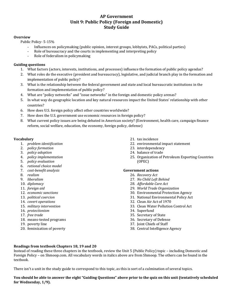 Ap Government Unit 9 Public Policy Foreign And Domestic Study With Regard To Foreign Policy And Diplomacy Worksheet Answer Key