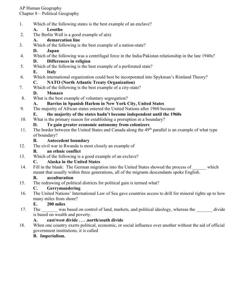 Ap Human Geography Chapter 8 – Political Geography 1 Which Of As Well As Ap Human Geography Worksheet Answers