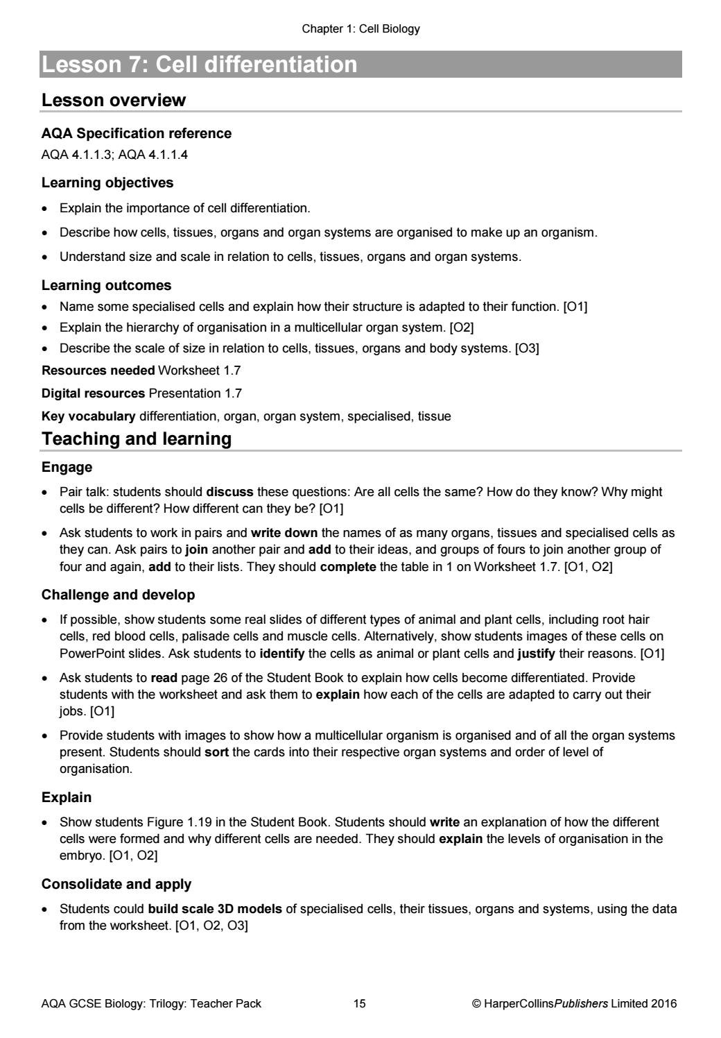 Aqa Gcse 91 Combined Science Trilogy Teacher Packcollins Intended For Cells Tissues Organs Organ Systems Worksheet