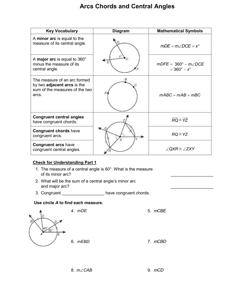 Arcs Chords And Central Angles Also Arcs And Central Angles Worksheet