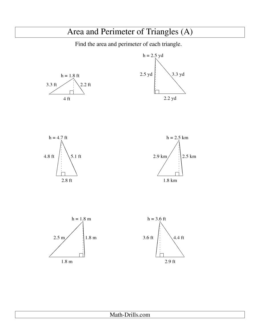 Area And Perimeter Of Triangles Up To 1 Decimal Place Range 15 A As Well As Area Of A Triangle Worksheet