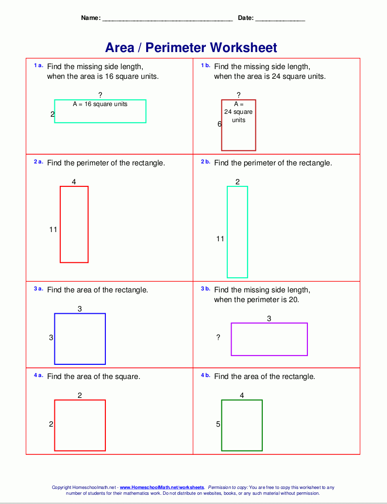Area And Perimeter Worksheets Rectangles And Squares Intended For Area Perimeter Volume Worksheets Pdf