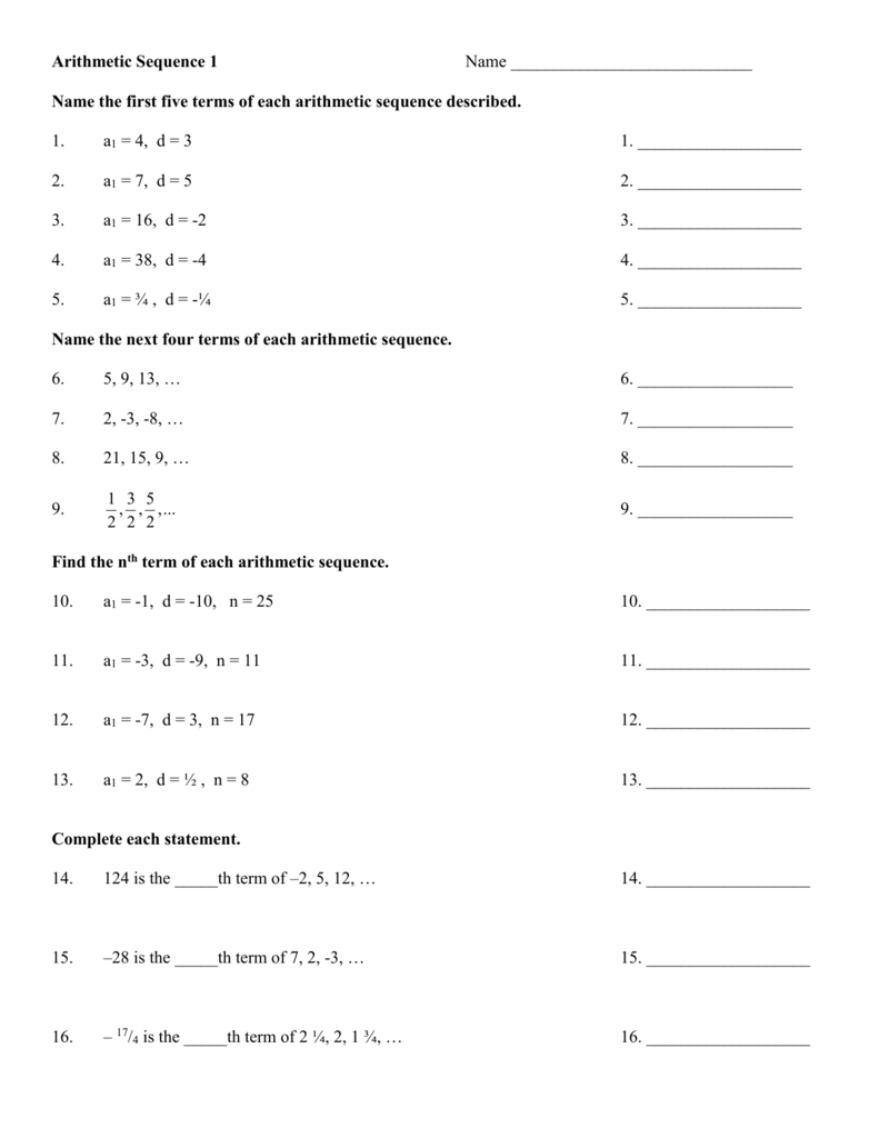 Arithmetic Sequence Worksheet 1 For Arithmetic Sequence Worksheet With Answers