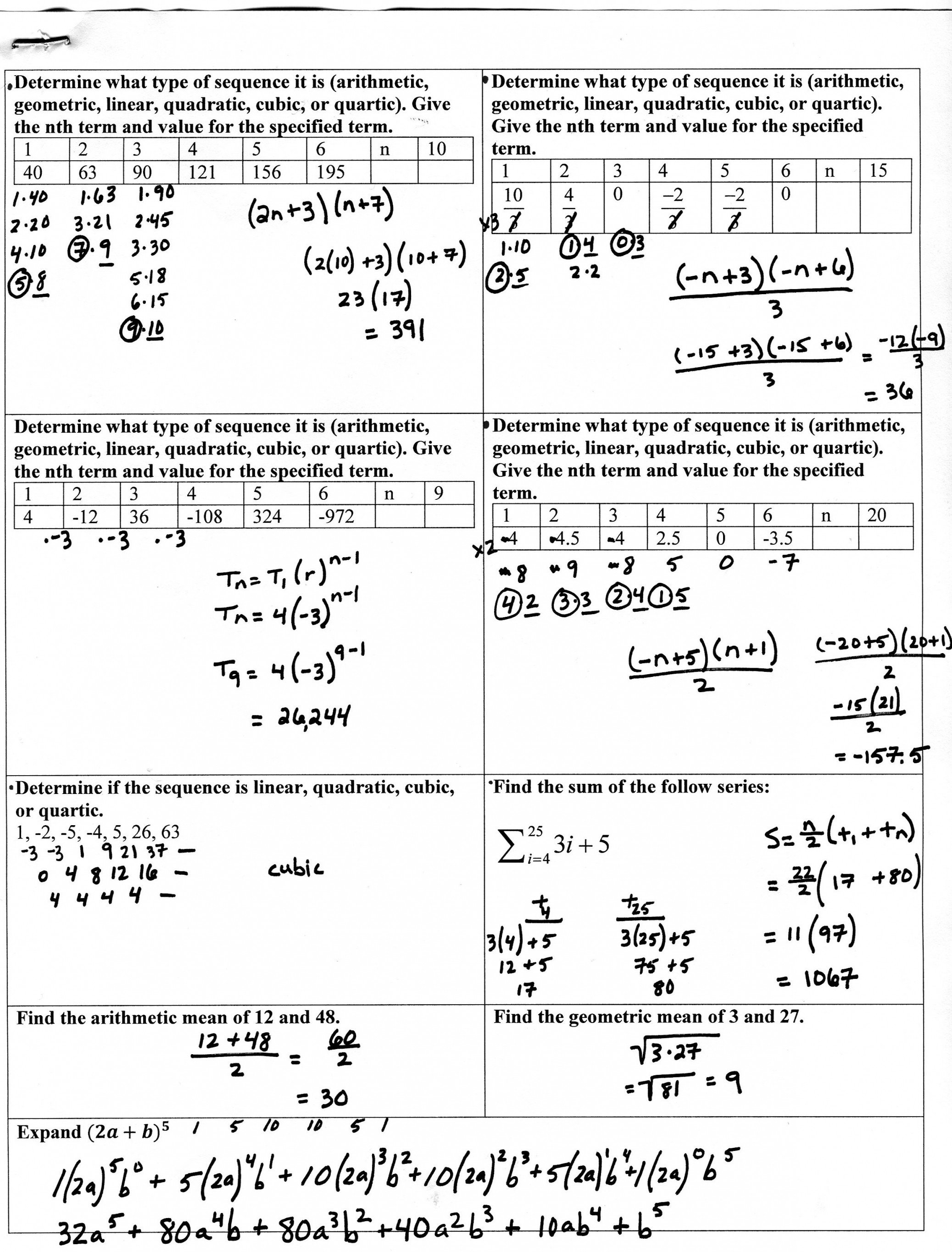 Arithmetic Sequences And Series Worksheet  Yooob In Sequences And Series Worksheet Answers