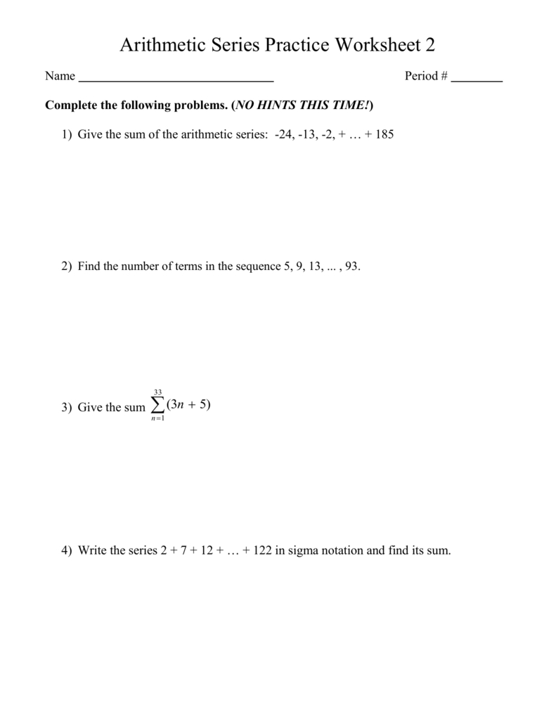 Arithmetic Series Practice Worksheet 2 For Arithmetic Sequence Worksheet With Answers
