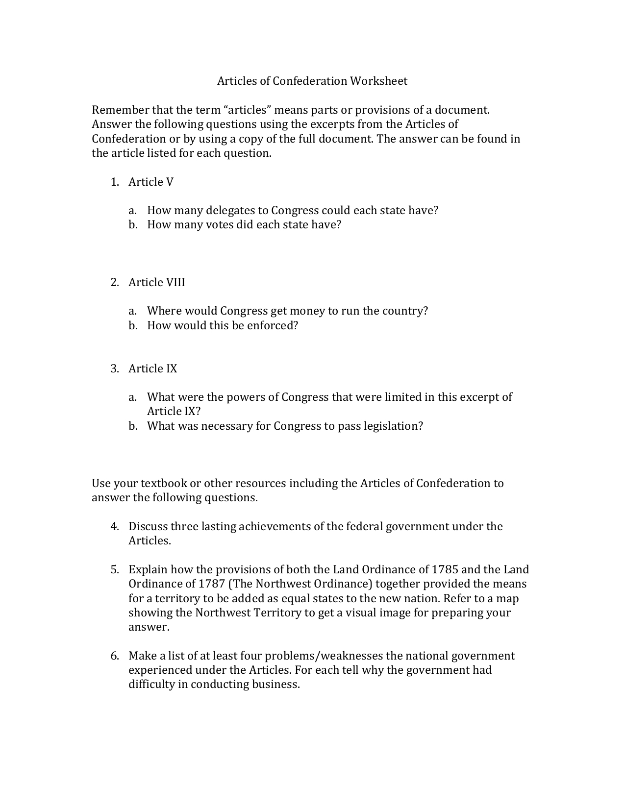 Articles Of Confederation Worksheet Remember That The Term And Articles Of Confederation Worksheet