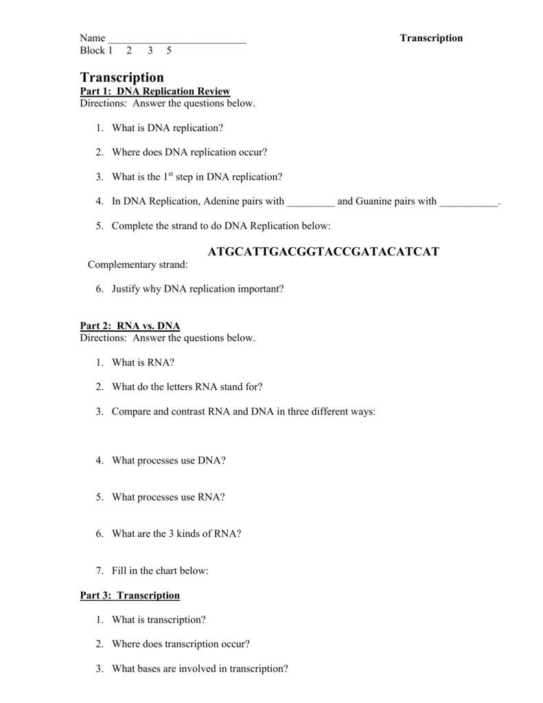 Assignment On Dna Rna Transcription And Translation Regarding Dna Replication And Transcription Worksheet Answers