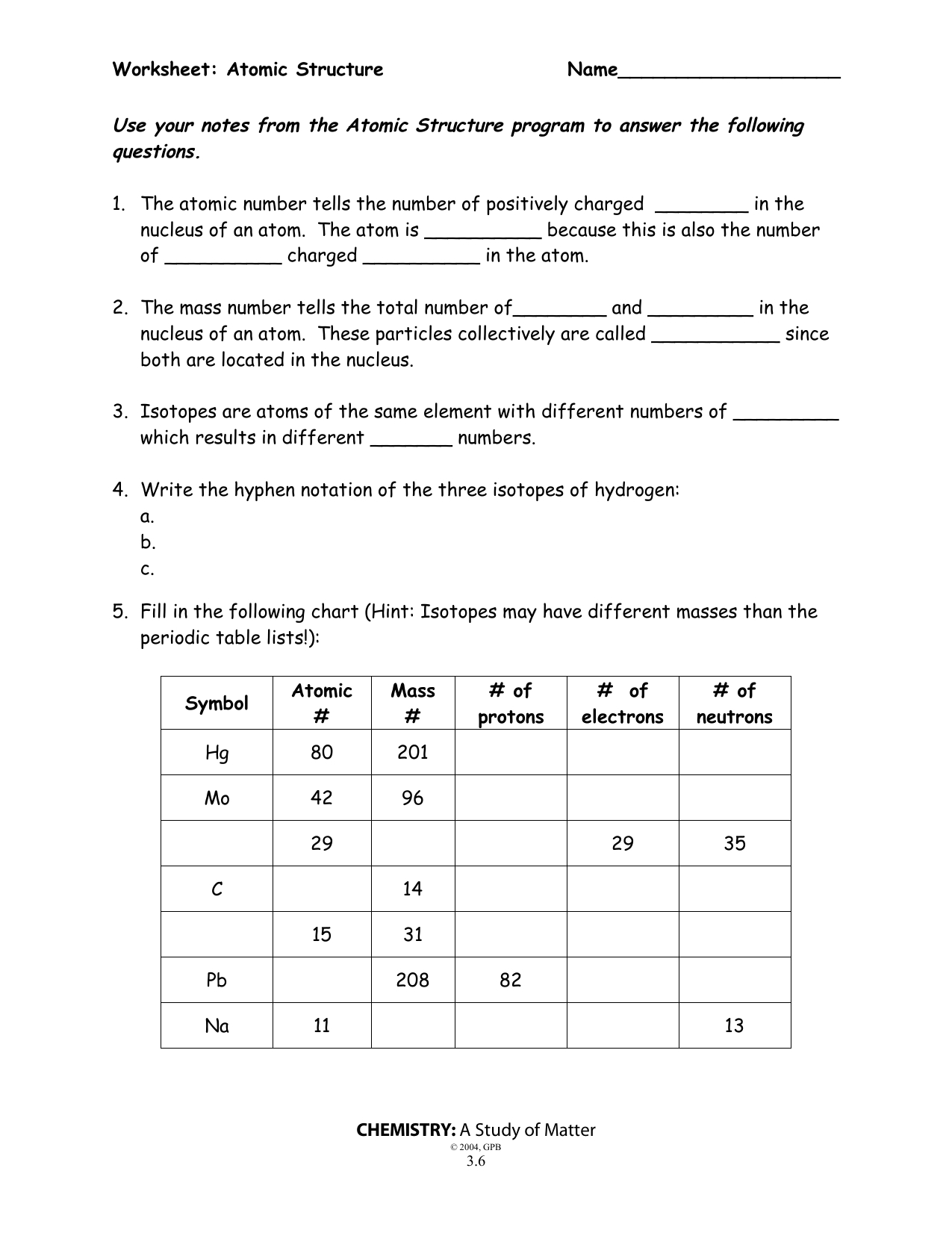 Atomic Structure Worksheet Along With Chemistry A Study Of Matter Worksheet