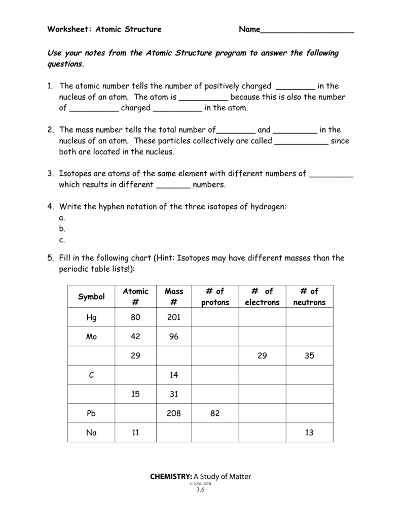 Atomic Structure Worksheet For Chemistry A Study Of Matter Worksheet Answers