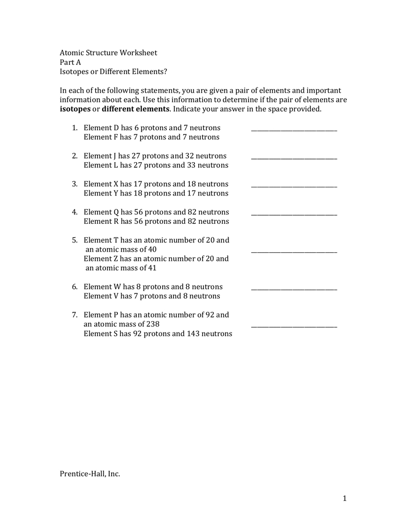 Atomic Structure Worksheet With Isotopes Or Different Elements Chapter 4 Worksheet Answers