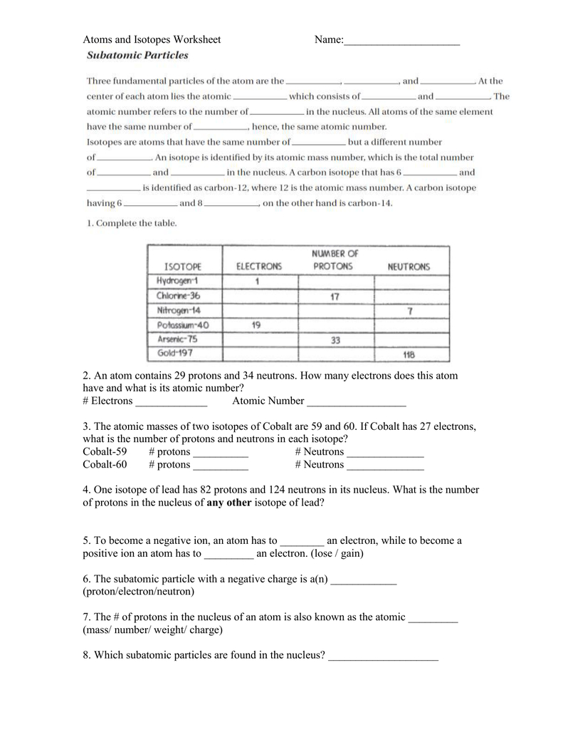 Atoms And Isotopes Worksheet Along With Atoms And Isotopes Worksheet