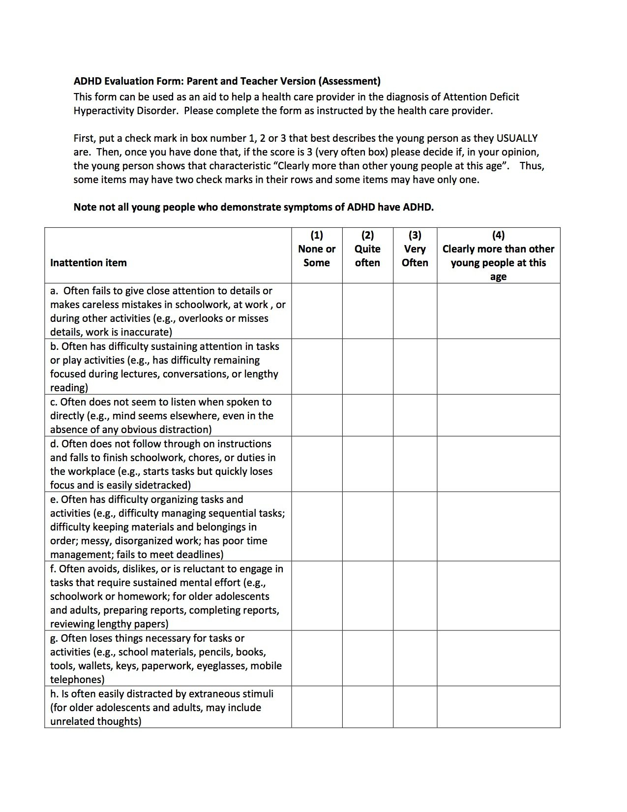 Attention Deficit Hyperactivity Disorder Adhd Evaluation Form Within Adhd Worksheets For Youth