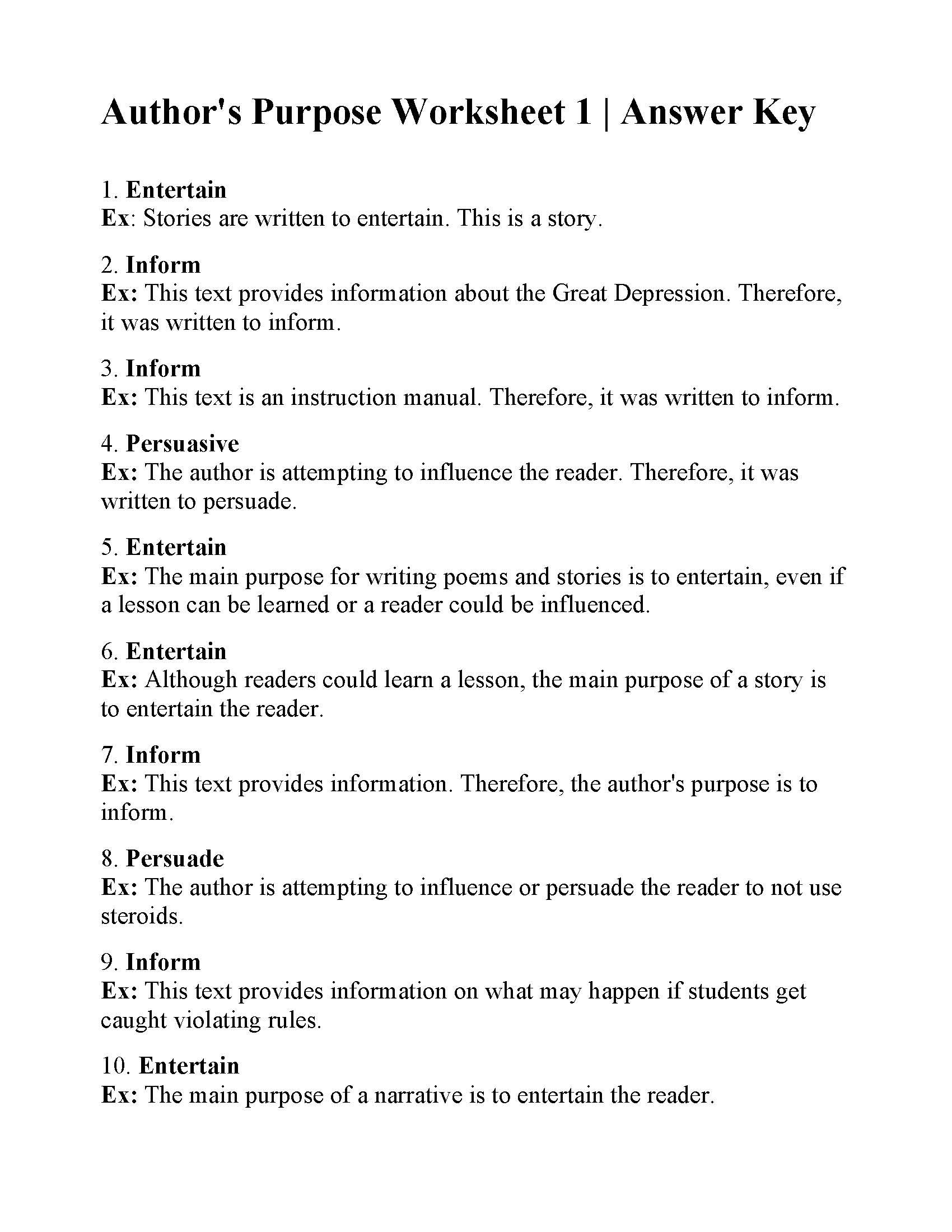 Author's Purpose Worksheet 1  Answers Pertaining To Causes Of The Great Depression Worksheet Answers