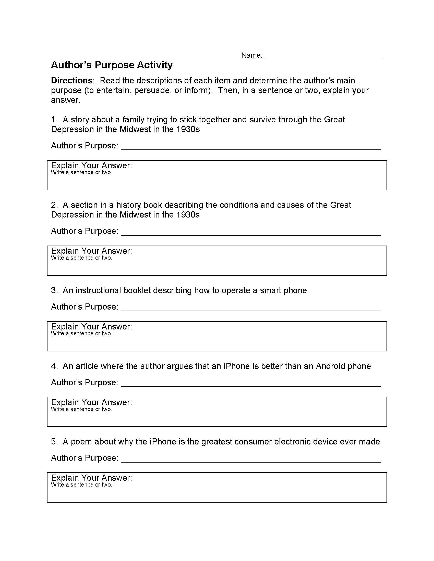 Author's Purpose Worksheet 1  Preview And The Great Depression Worksheet