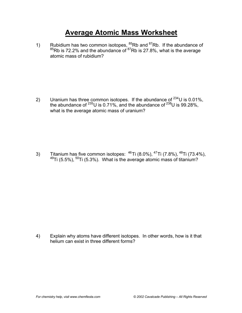Average Atomic Mass Worksheet For Isotopes And Average Atomic Mass Worksheet Answers