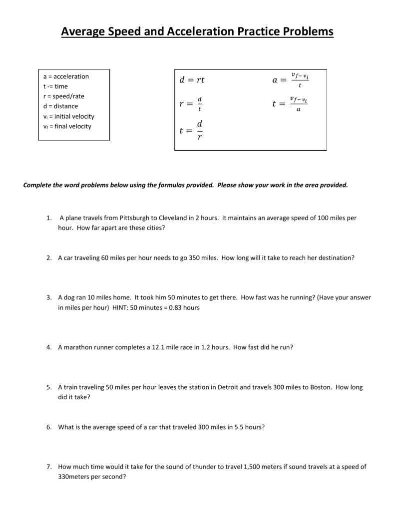 Average Speed And Acceleration Practice Problems Throughout Average Speed And Average Velocity Worksheet Answers