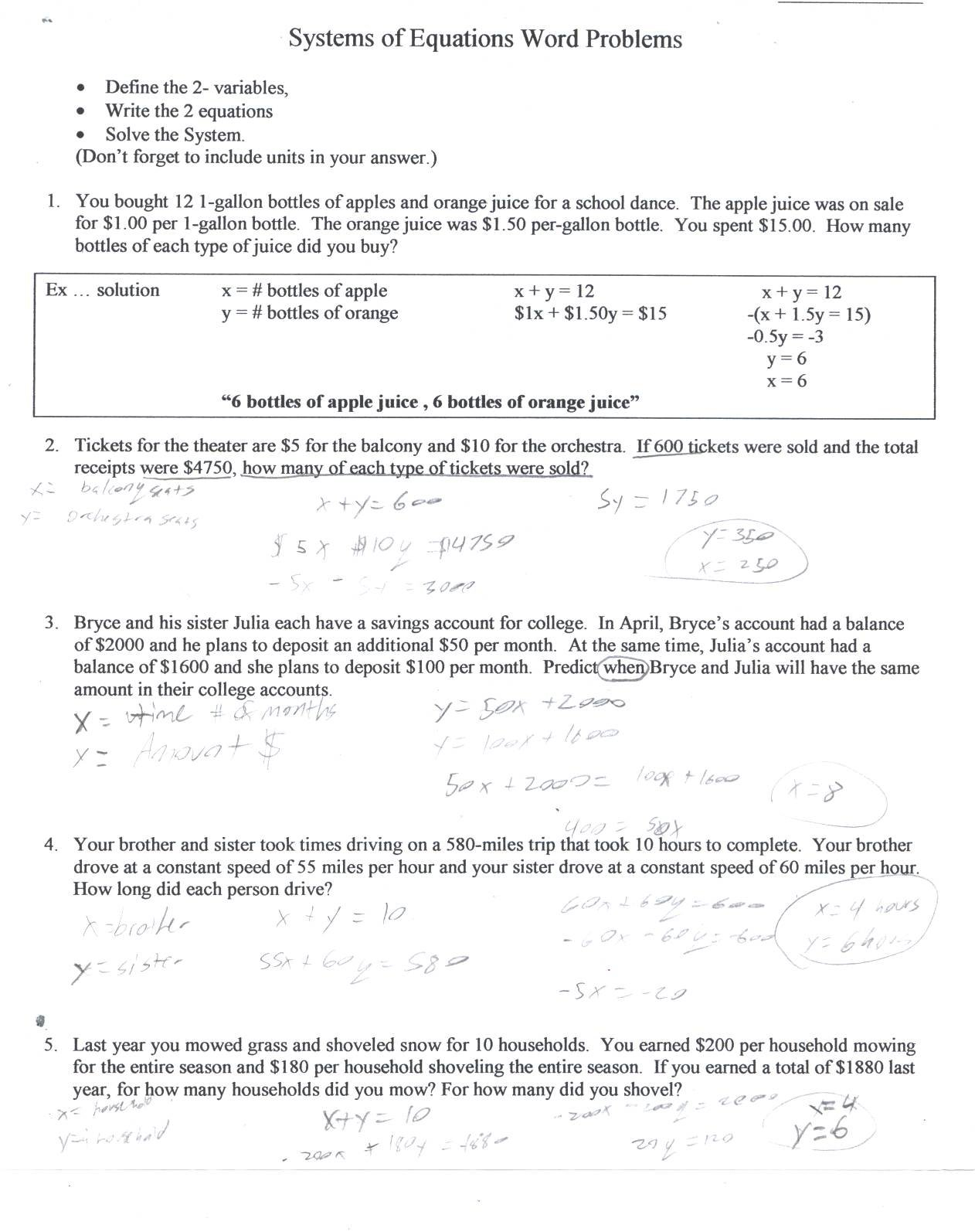 Avid 12 Algebra 2 Algebra 1A With Mr Inside Solving Word Problems Using Systems Of Equations Worksheet Answers