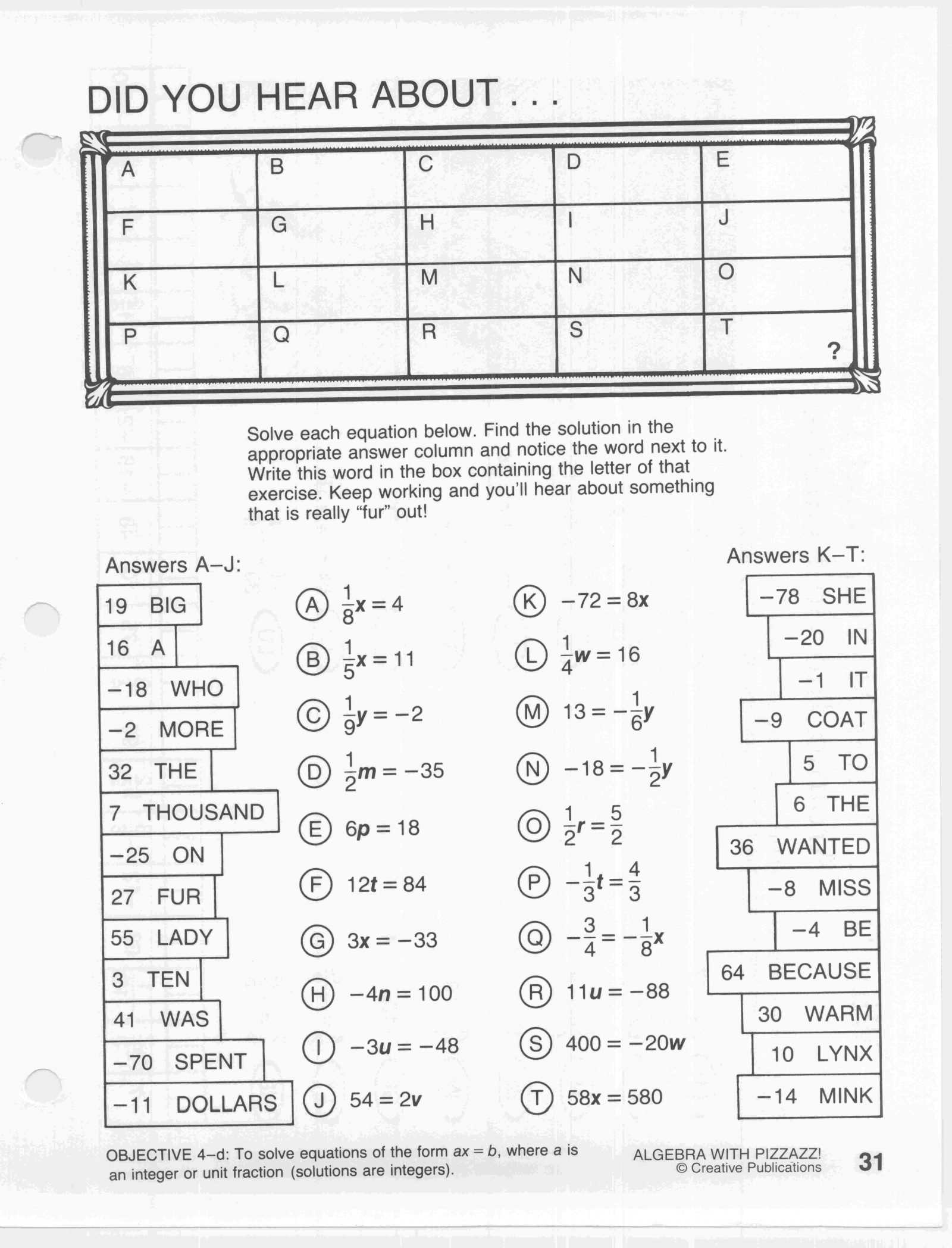 Awesome Collection Of Math Jokeeet Did You Hear About Answer Key Pre Pertaining To Did You Hear About Math Worksheet Algebra With Pizzazz Answers