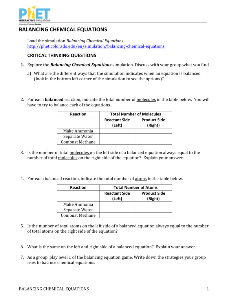 Balancing Chemical Equations Together With Balancing Chemical Equations Activity Worksheet Answers
