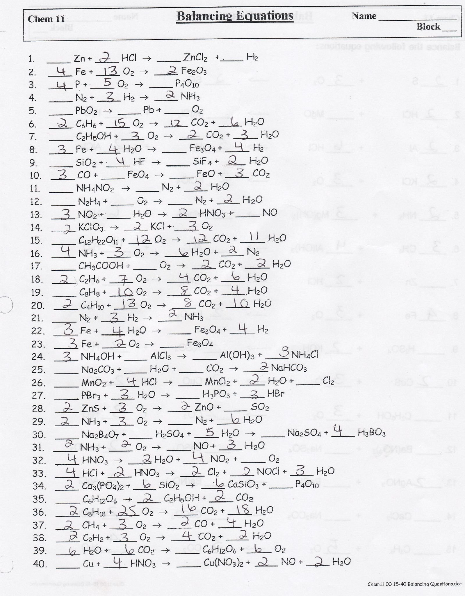 Balancing Chemical Equations Worksheet Answer Key 1 25  Briefencounters With Regard To Balancing Chemical Equations Worksheet Answer Key 1 25