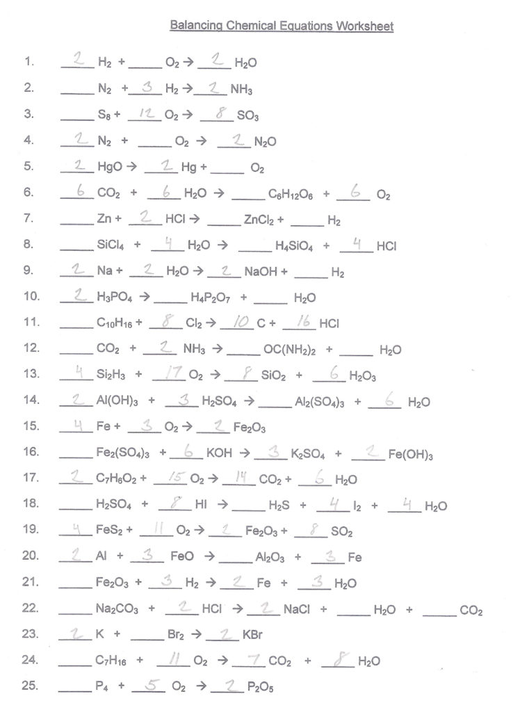 Balancing Chemical Equations Worksheet Answers 1 25 ...