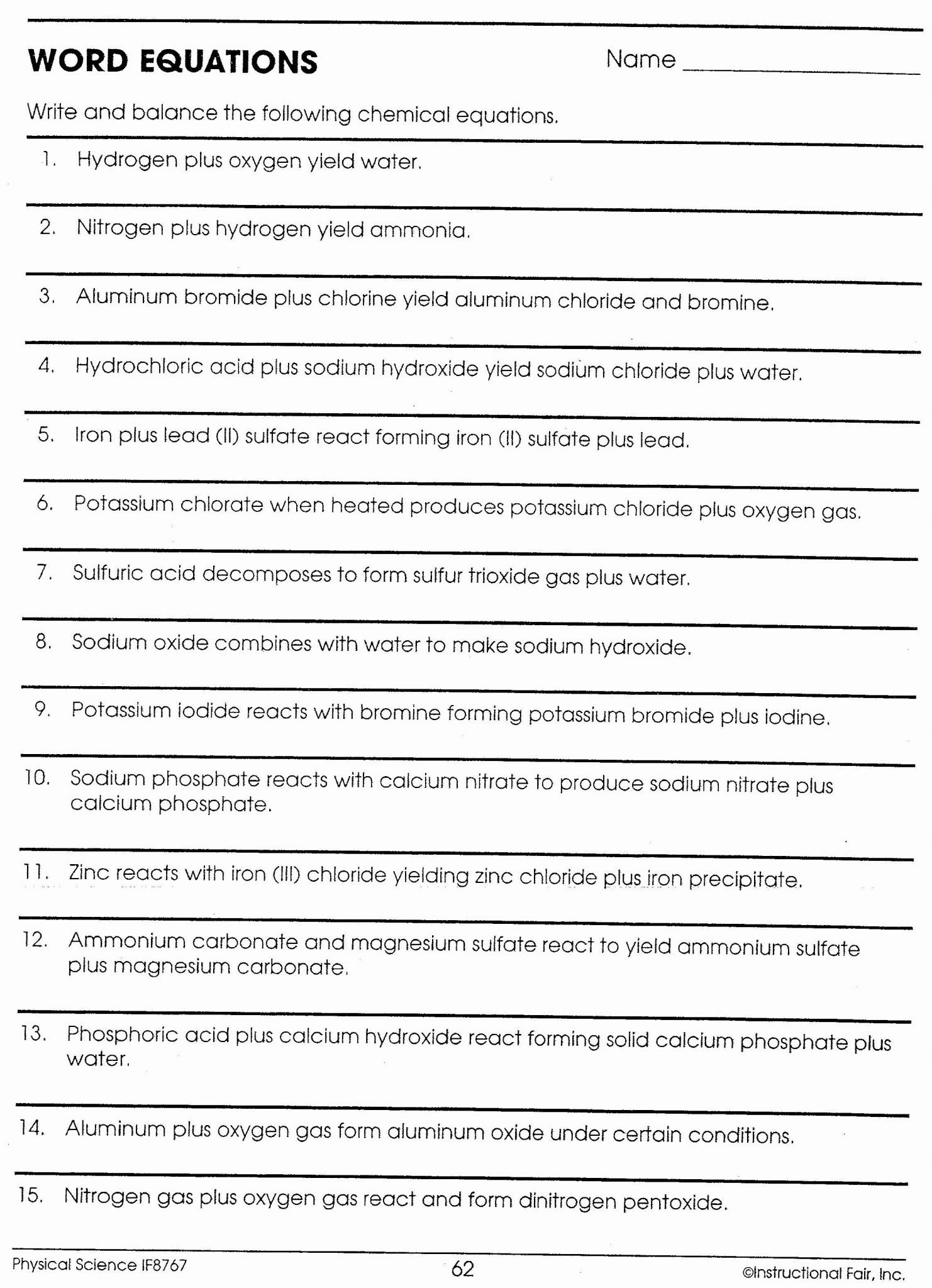 Balancing Chemical Equations Worksheet  Briefencounters Throughout Word Equations Chemistry Worksheet