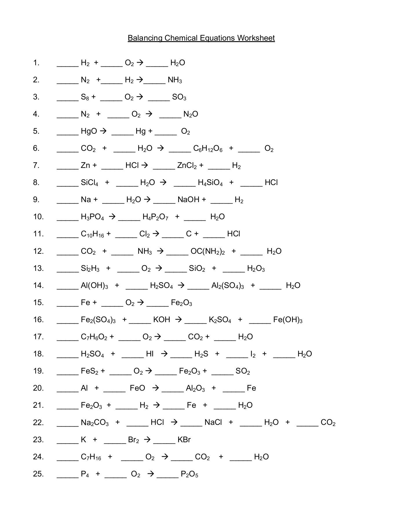 Balancing Chemical Equations Worksheet  O Æ H O Intended For Balancing Chemical Equations Worksheet