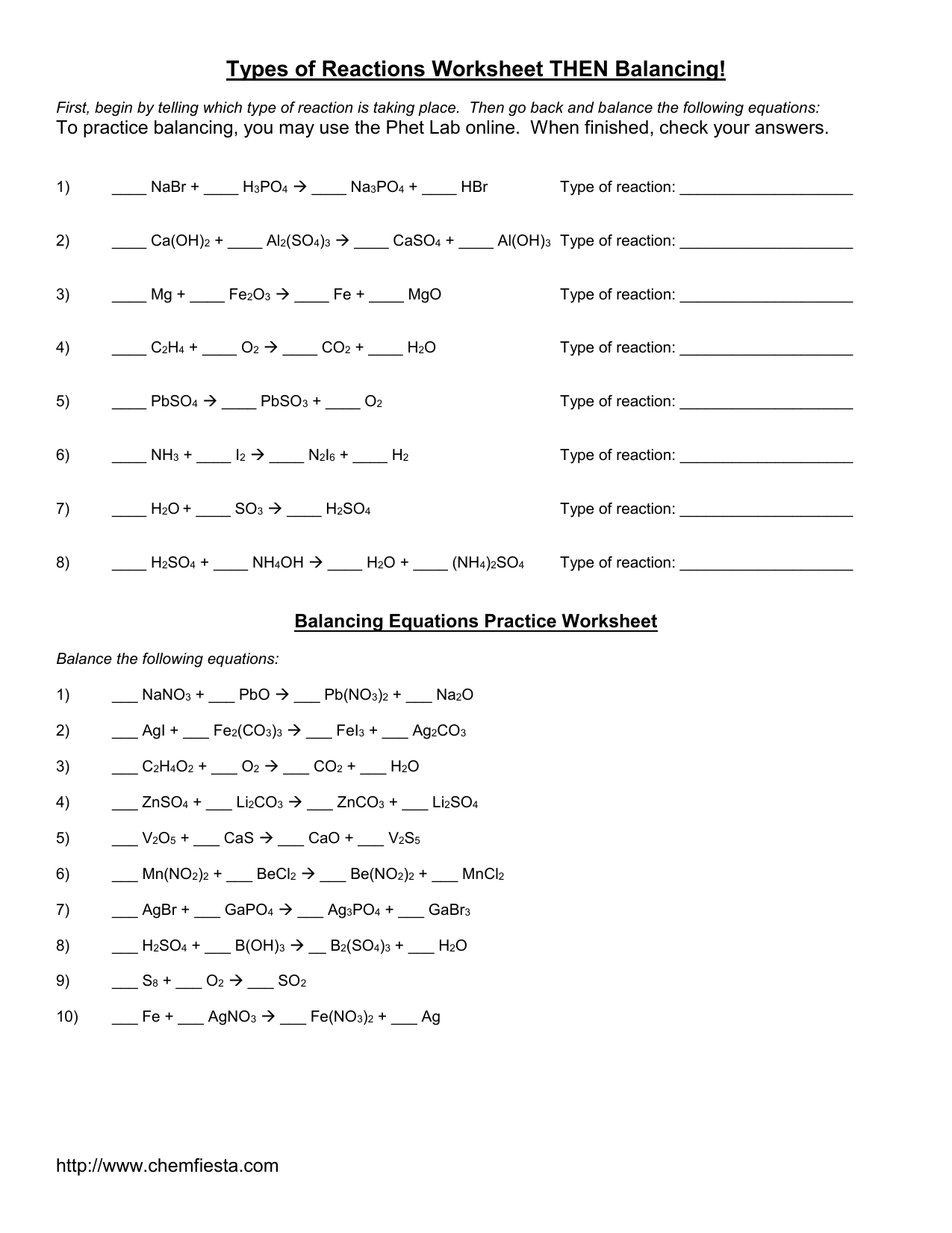 Balancing Equations Practice Worksheet Or Types Of Reactions Worksheet Answer Key