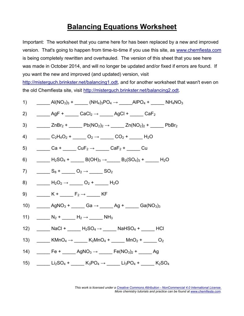 Balancing Equations Worksheet For Balancing Equations Worksheet Answers Chemistry