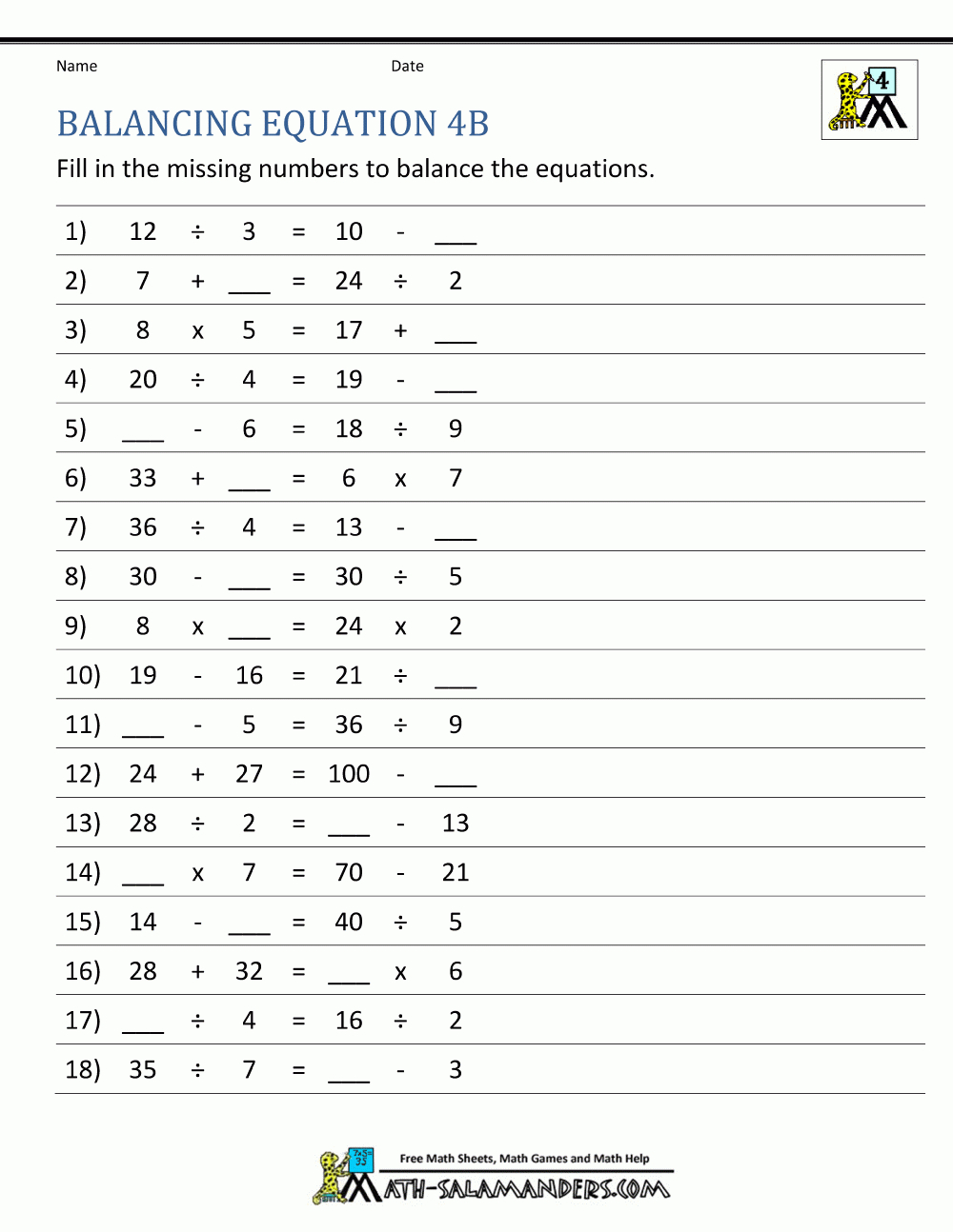Balancing Math Equations In Adding And Subtracting Equations Worksheet