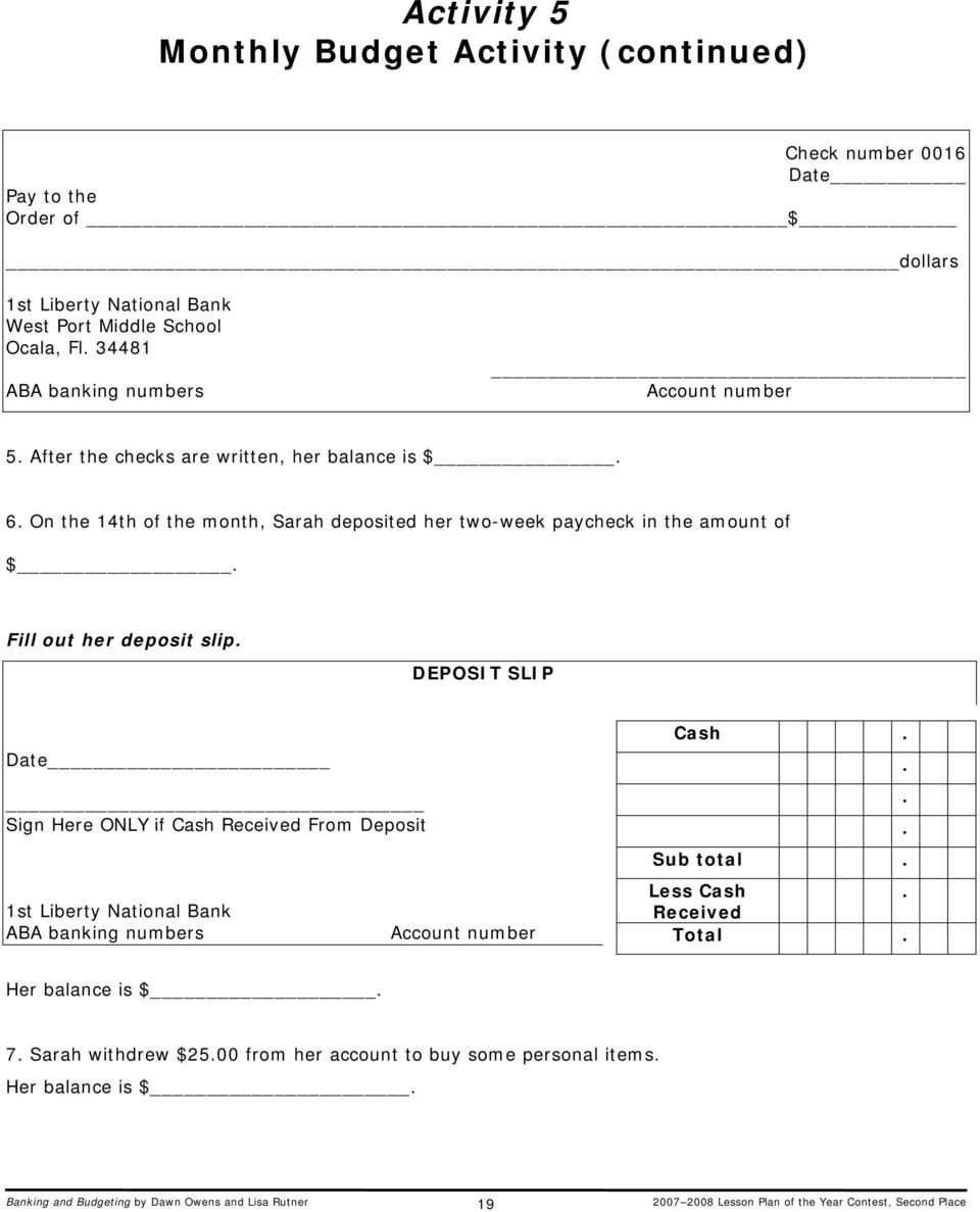 Banking And Budgeting  Pdf And Balancing A Checkbook Worksheet For Students